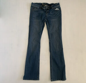 Wet Seal Jeans Junior's Size 13 Long Low Rise Boot Cut Blue Asphalt Denim Jeans